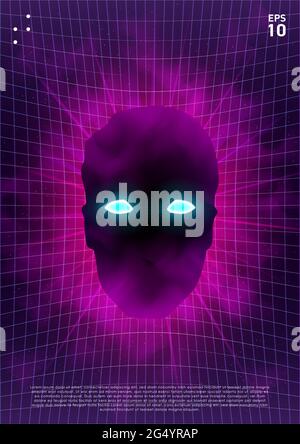 Synthwave poster. Head with glowing blue eyes in pink fog in space on distorted laser grid background. Vivid layout for retrowave electronic music Stock Vector