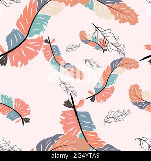 Beautiful doodle seamless pattern of boho feathers on a pink background. Hand drawn style. Seamless texture Stock Vector