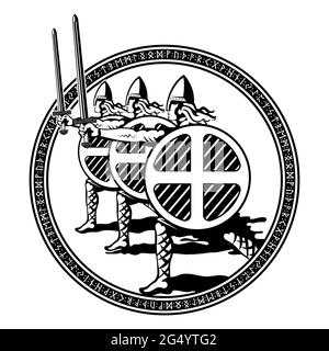 Viking, Scandinavian design. Northern warriors berserkers with swords and shields Stock Vector