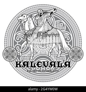 Viking, Scandinavian design. A warrior on a war horse. Illustration to the Finnish folk epic-Kalevala Stock Vector