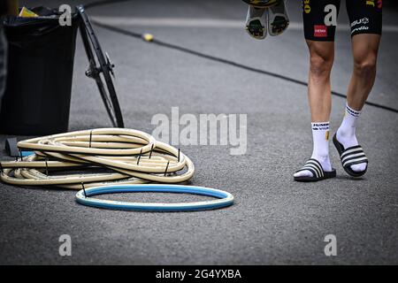 Illustration picture shows the blue tires of Team Jumbo-Visma at a training session ahead of the 108th edition of the Tour de France cycling race, in Stock Photo