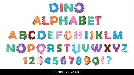 funny comic Dino alphabet and numbers in cartoon style. Bright modern illustration for kids, nursery, poster, card, birthday party, packaging paper de Stock Vector