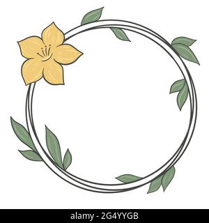 Circular frame with leaves and flower, vector. Minimalistic headband. Rim with botanical elements. Hand drawing, simple lines. Stock Vector