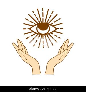 illustration of mystical goddess hands,evil eye, celestial symbols of moon phase. Esoteric, spiritual, wicca occult inspired concept. trendy beige Stock Vector