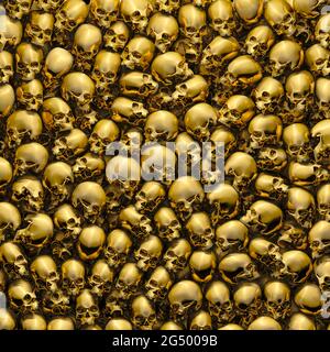 Gold skulls background / 3D illustration of golden metal human skulls piled closely together Stock Photo