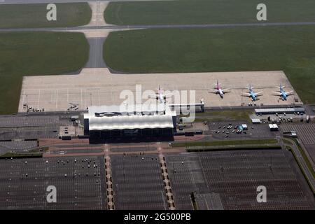 aerial view of Doncaster Sheffield Airport, formerly Robin Hood Airport Doncaster Sheffield, South Yorkshire Stock Photo