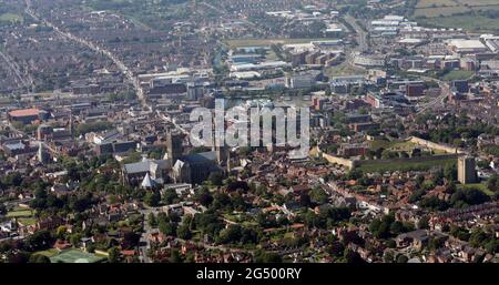 aerial view of Lincoln city centre skyline from the North East looking across the Cathedral & Castle towards the city centre Stock Photo