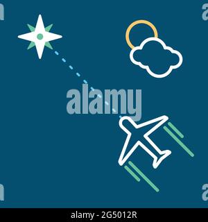 Airplane flying. Outline icons. Blue sky. Vector illustration, flat design Stock Vector