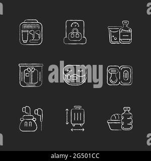 Essential tourist pack for travel chalk white icons set on dark background Stock Vector