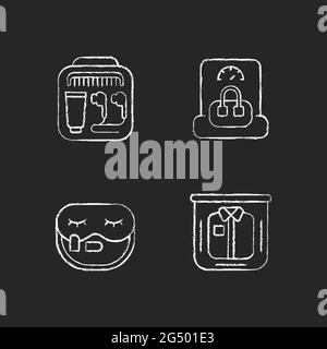 Essential things for travelling chalk white icons set on dark background Stock Vector