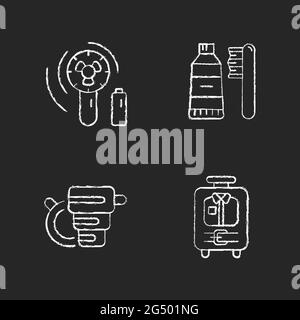 Things for travelling tourist suitcase chalk white icons set on dark background Stock Vector
