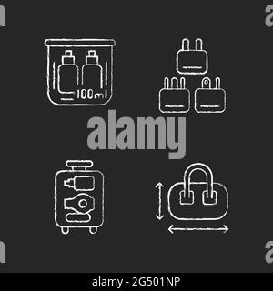 Portable travel essentials chalk white icons set on dark background Stock Vector