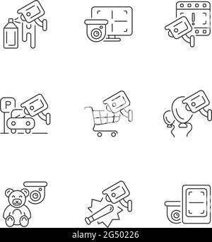 Securing home and business linear icons set Stock Vector
