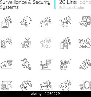 Surveillance and security systems linear icons set Stock Vector