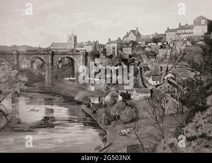 A late 19th century view of the rail viaduct over the River Nidd and the hillside town of Knaresborough, a market and spa in North Yorkshire, England. Stock Photo