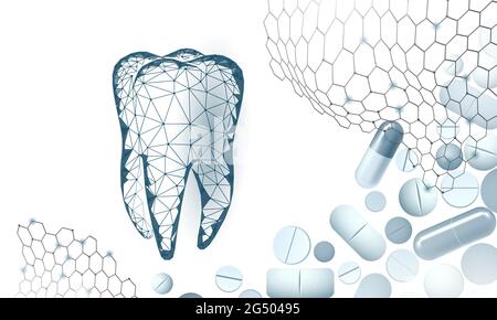Low poly tooth drug capsule medical concept. Whitening enamel reconstruction healthcare. Polygonal healthy dentistry procedure vector illustration Stock Vector