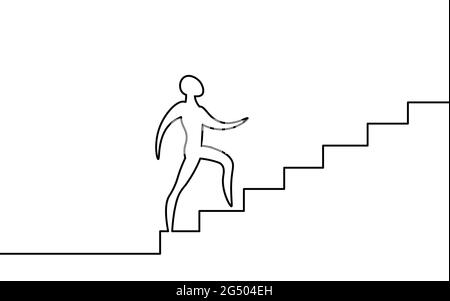 One line art man step up stairs. Road to success teamwork career progress. Continuous line job aim leader challenge concept vector illustration Stock Vector