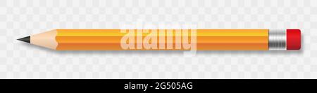 Realistic yellow pencil sharpened with a red rubber band on transparent background Stock Vector