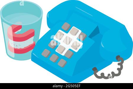 Dental consultation icon isometric vector. Push button telephone denture in glass. Dental clinic Stock Vector