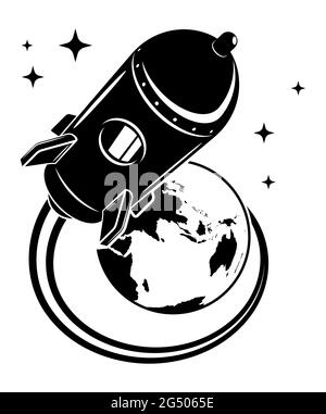 Rocket flying from planet earth into open space to stars. Flights to Mars, Moon and planets of solar system. Black and white monochrome vector in retr Stock Vector