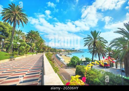 Scenic view of promenade and beaches on italian resort in San Remo. Liguria, Italy Stock Photo