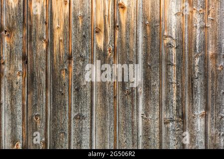 Closeup shot of brown, weathered wooden wall (background horizontal) Stock Photo