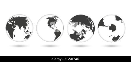 Set of transparent globes of Earth. Realistic world map in globe shape with transparent texture and shadow. Stock Vector