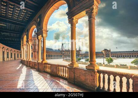 Scenic view from gallery of famous Plaza de Espana (Spanish Square). Seville, Andalusia, Spain Stock Photo
