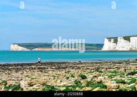 The view from Birling Gap across to Cuckmere Haven on a hot summers day Near Eastbourne East Sussex England UK Stock Photo