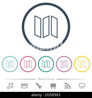 Collapsible map outline flat color icons in round outlines. 6 bonus icons included. Stock Vector
