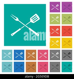Barbecue fork and spatula in crossed position multi colored flat icons on plain square backgrounds. Included white and darker icon variations for hove Stock Vector