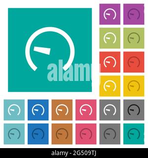 Speedometer multi colored flat icons on plain square backgrounds. Included white and darker icon variations for hover or active effects. Stock Vector