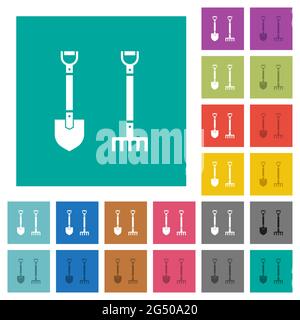 Shovel and rake multi colored flat icons on plain square backgrounds. Included white and darker icon variations for hover or active effects. Stock Vector