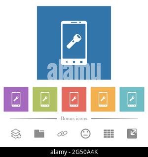Mobile flashlight flat white icons in square backgrounds. 6 bonus icons included. Stock Vector