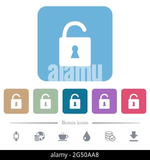 Unlocked padlock with keyhole white flat icons on color rounded square backgrounds. 6 bonus icons included Stock Vector