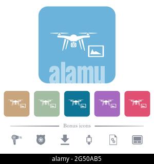 Drone controlling from tablet white flat icons on color rounded square backgrounds. 6 bonus icons included Stock Vector