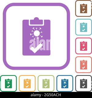 Covid test passed simple icons in color rounded square frames on white background Stock Vector