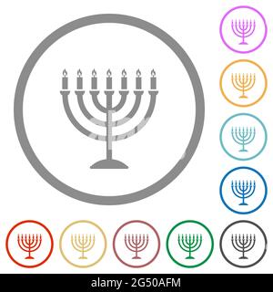 Menorah with burning candles flat color icons in round outlines on white background Stock Vector