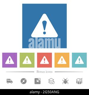 Triangle shaped warning sign flat white icons in square backgrounds. 6 bonus icons included. Stock Vector