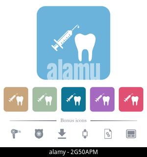 Tooth anesthesia white flat icons on color rounded square backgrounds. 6 bonus icons included Stock Vector
