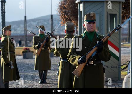 Budapest, Hungary - January 06, 2019: Budapest Guard and Ceremonial Regiment at the of Royal Castle in Budapest Stock Photo
