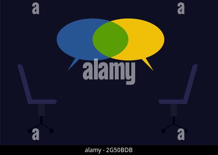 Overlapping speech bubbles and empty chairs in a dark background to symbolise consensus out of a negotiation Stock Vector