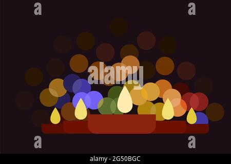 Burning Diwali festival lamps with glowing bubbles in dark background Stock Vector