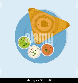 Indian breakfast dish 'Dosa with Sambar and Chutney' on a plate Stock Vector