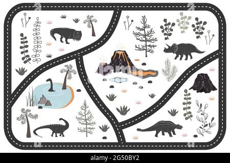 Cartoon kids road playmat with dinosaur, palm, and volcano mountains. Vector illustration, floor carpet or wall poster. Dino background for the Stock Vector
