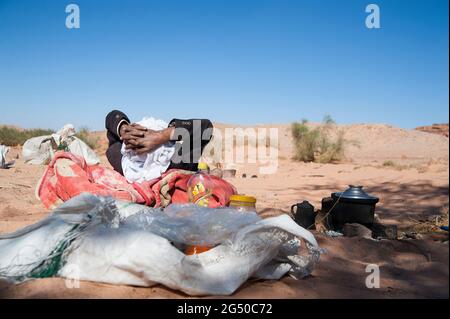 EGYPT, SINAI: Together with Bedouin Soliman Al Ashrab from the Mzaina tribe, 2 camels and 2 dogs did I walk for four days through the desert close to Stock Photo