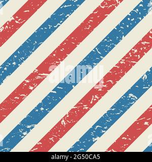 Line diagonal grunge pattern. Barber pole traditional background. Barbershop scratched wallpaper. Vector red, white and blue seamless texture. Vintage Stock Vector