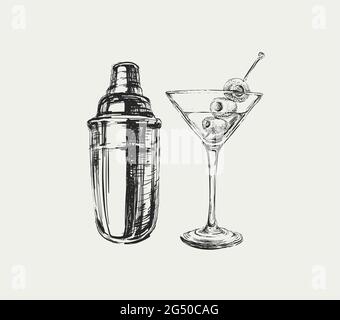 Sketch Martini Cocktails with Olives and Shaker Vector Hand Drawn Illustration Drinks. Stock Vector