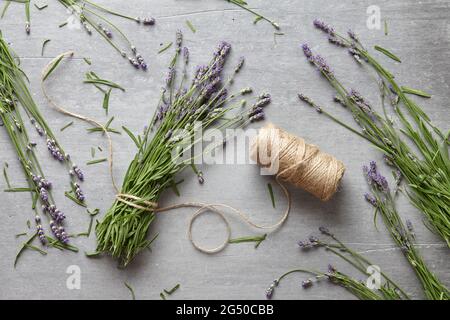 Fresh lavender flowers on gray concrete background, top view Stock Photo