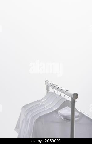 https://l450v.alamy.com/450v/2g50cp0/trendy-t-shirts-hanging-on-clothes-rack-isolated-on-white-2g50cp0.jpg